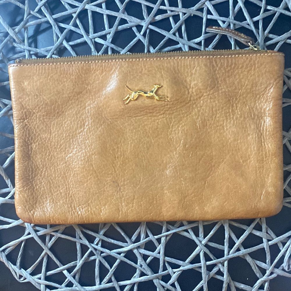 Bimba & Lola Vintage tan leather zip clutch bag. Small with back pocket.